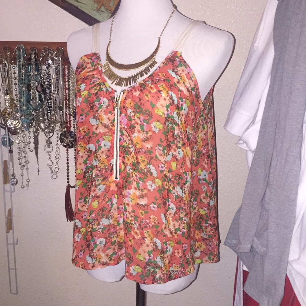 Sheer Summer sleeveless top with a zipper front.